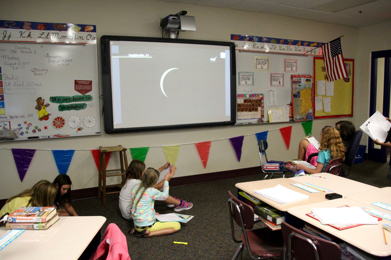 Working in small groups on writing prompts, Ms. Miller's 4th grade students kept a close eye on the NASA site as the eclipse drew near to Plainfield.